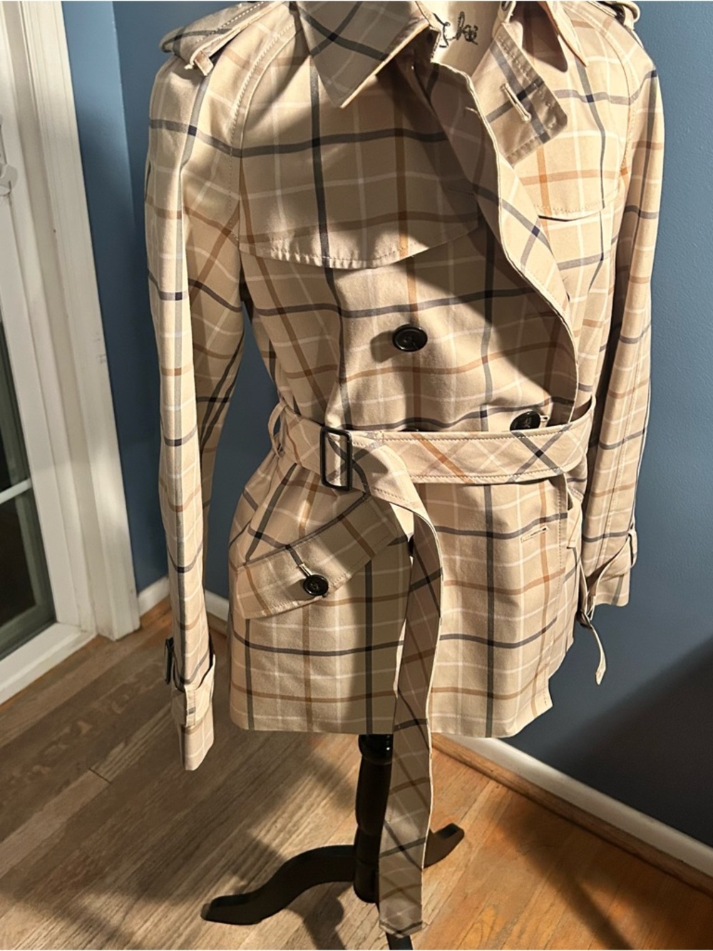 Coach plaid khaki short Trench Coat - Picture 10 of 14